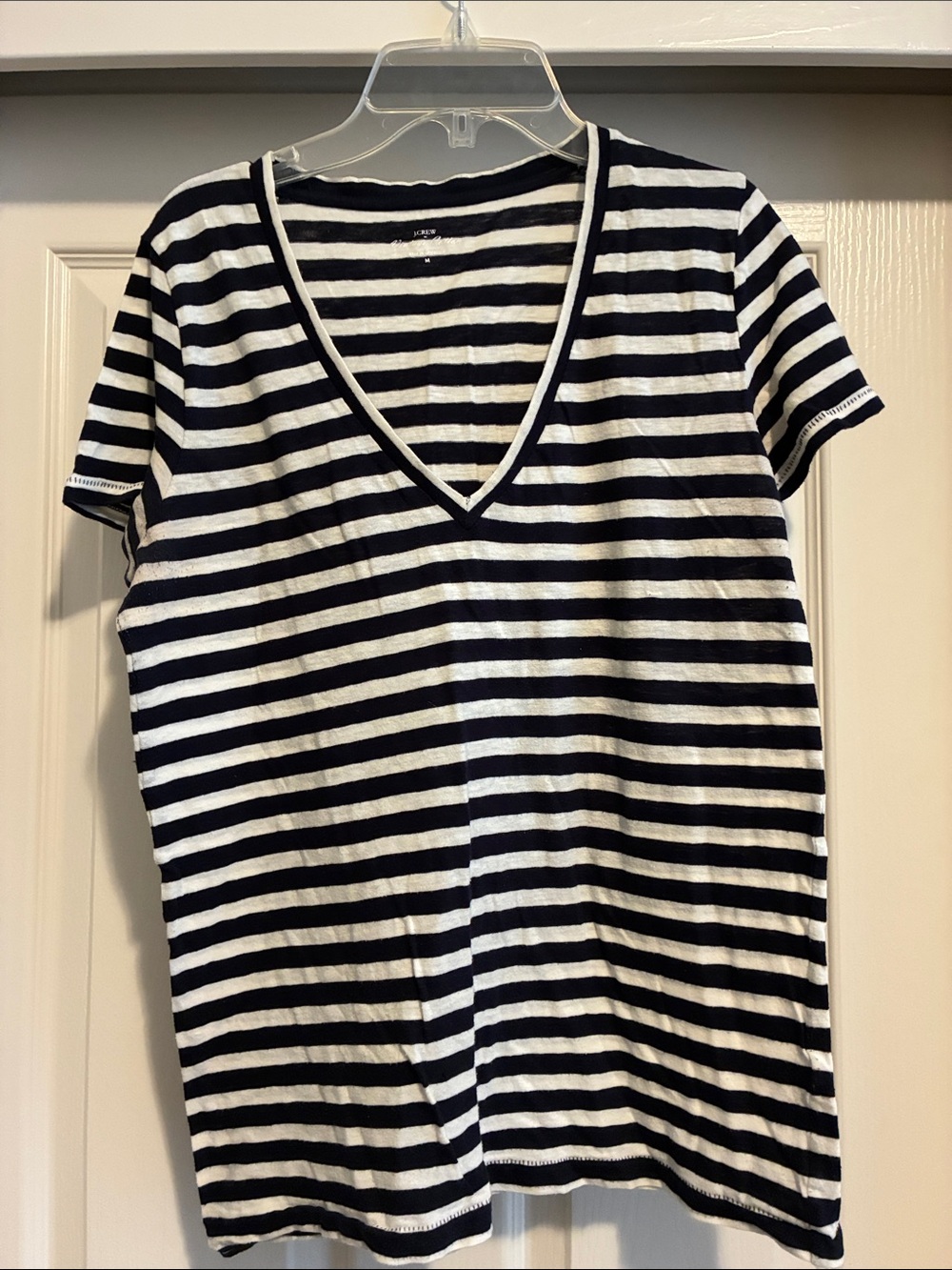 J. Crew Navy and White Striped V-Neck Tee